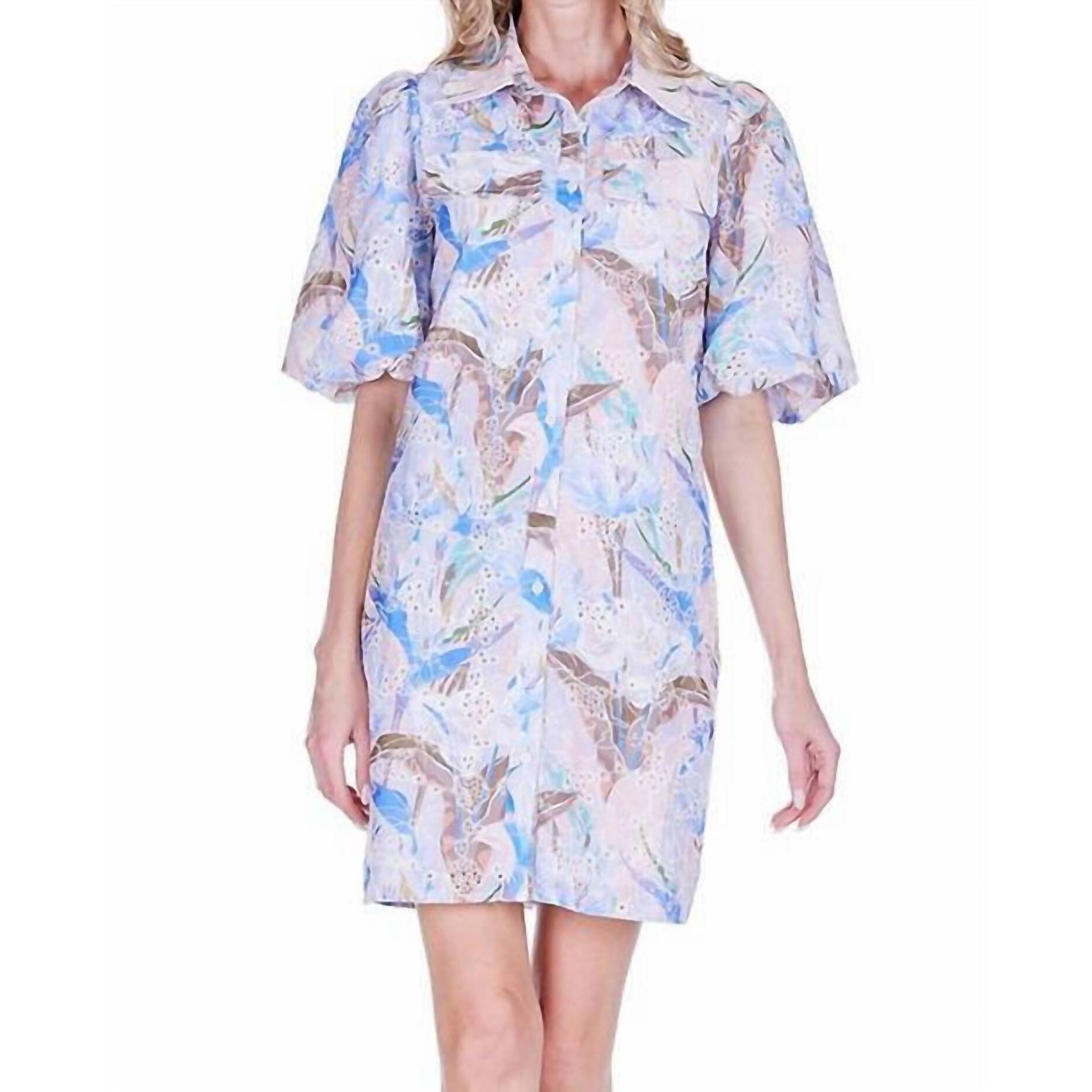 New Joy Joy Puff Sleeve Fitted Shirtdress In Vintage Mist Eyelet